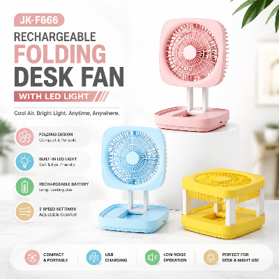 Picture of JK-F666 Rechargeable Folding Desk Fan with LED Light – Heavy Duty Portable USB Foldable Table Fan with Strong Airflow for Home Office Travel Camping Multicolor