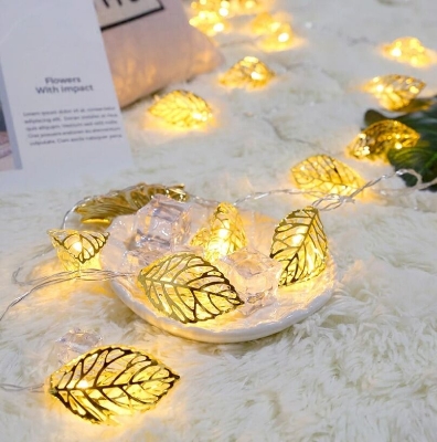 Picture of Metal 3D Leaf Shape Golden Fairy Light Set – Decorative LED String Lights for Home Garden Party Wedding Room Wall Decoration Lighting Gold