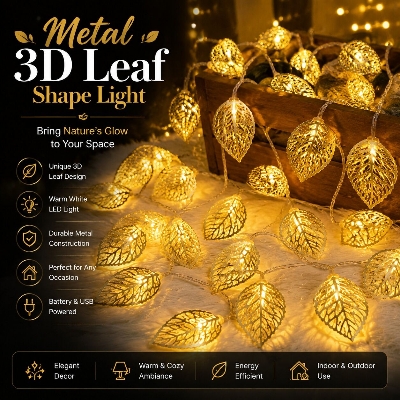 Picture of Metal 3D Leaf Shape Golden Fairy Light Set – Decorative LED String Lights for Home Garden Party Wedding Room Wall Decoration Lighting Gold