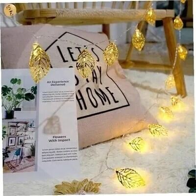 Picture of Metal 3D Leaf Shape Golden Fairy Light Set – Decorative LED String Lights for Home Garden Party Wedding Room Wall Decoration Lighting Gold