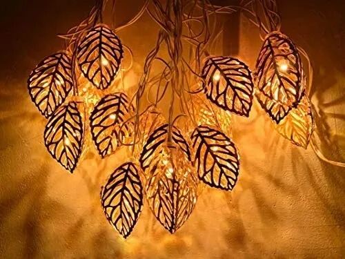 Picture of Metal 3D Leaf Shape Golden Fairy Light Set – Decorative LED String Lights for Home Garden Party Wedding Room Wall Decoration Lighting Gold