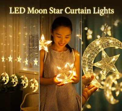 Picture of LED Star Curtain Lights with 6 Moon Star and 6 Single Star Hanging String Light – Multicolor and Golden Color Plug In Window Curtain Lights for Home Party Wedding Decoration Gold