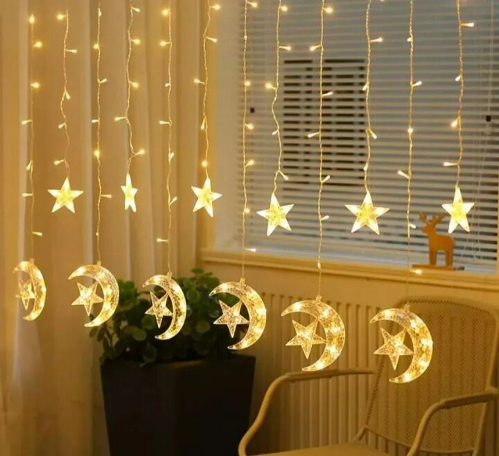 Picture of LED Star Curtain Lights with 6 Moon Star and 6 Single Star Hanging String Light – Multicolor and Golden Color Plug In Window Curtain Lights for Home Party Wedding Decoration Gold