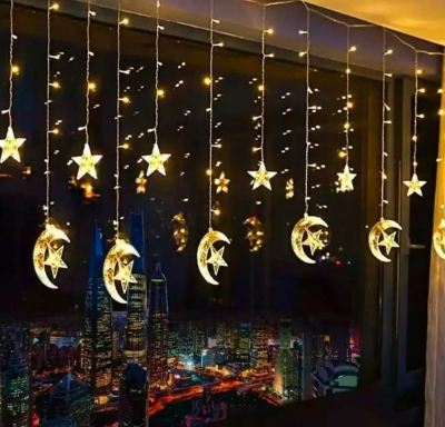 Picture of LED Star Curtain Lights with 6 Moon Star and 6 Single Star Hanging String Light – Multicolor and Golden Color Plug In Window Curtain Lights for Home Party Wedding Decoration Gold
