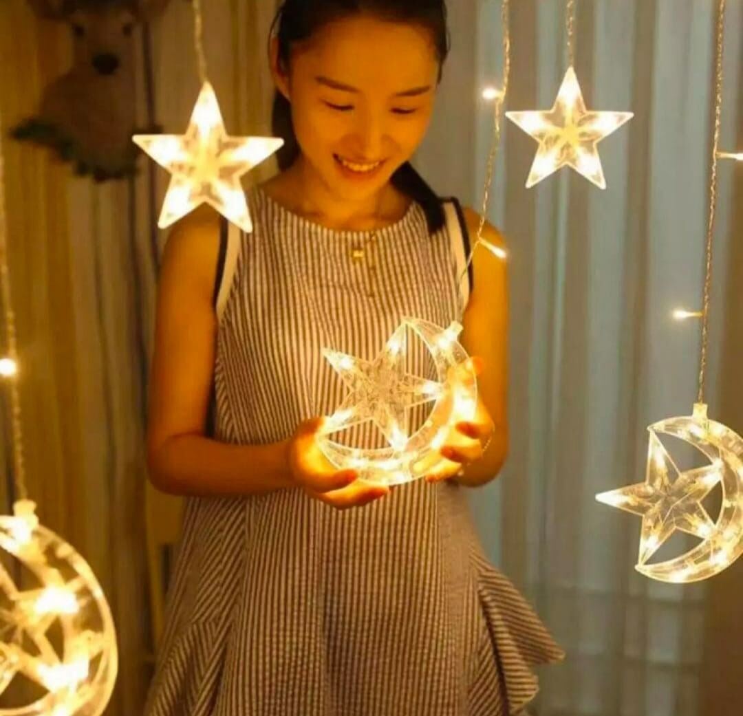 Picture of LED Star Curtain Lights with 6 Moon Star and 6 Single Star Hanging String Light – Multicolor and Golden Color Plug In Window Curtain Lights for Home Party Wedding Decoration Gold