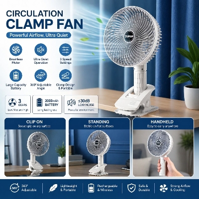 Picture of Rechargeable Circulation Clamp Fan 360 Degree Rotating – Portable USB Clip Fan with Strong Airflow Multi Angle Desk Fan for Home Office Travel Bedroom White