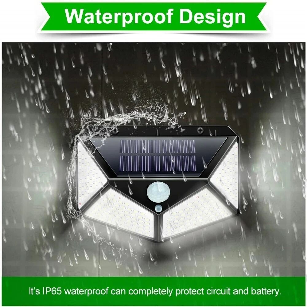 Picture of Solar Power 100 LED PIR Motion Sensor Outdoor Security Light – Waterproof Wall Mounted Garden Lamp for Home Yard Garage Pathway Security Lighting Black