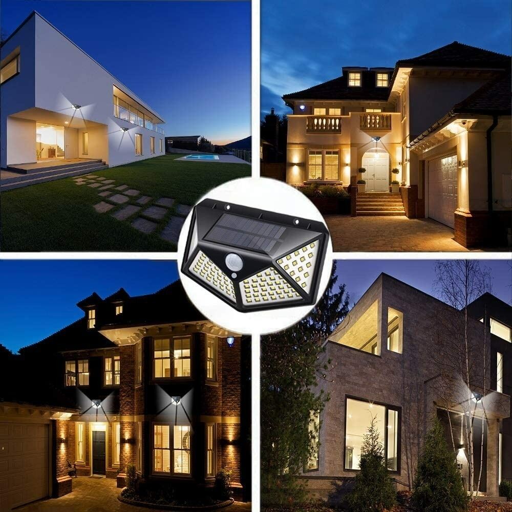 Picture of Solar Power 100 LED PIR Motion Sensor Outdoor Security Light – Waterproof Wall Mounted Garden Lamp for Home Yard Garage Pathway Security Lighting Black