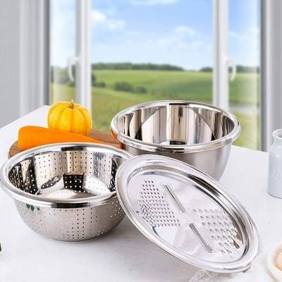 Picture of 3 in 1 Stainless Steel Kitchen Basin Set with Vegetable Slicer and Drain Basket – Multifunction Food Washing, Cutting & Draining Bowl for Kitchen Use Multicolor