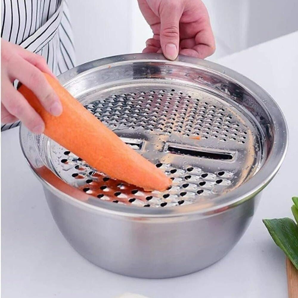 Picture of 3 in 1 Stainless Steel Kitchen Basin Set with Vegetable Slicer and Drain Basket – Multifunction Food Washing, Cutting & Draining Bowl for Kitchen Use Multicolor