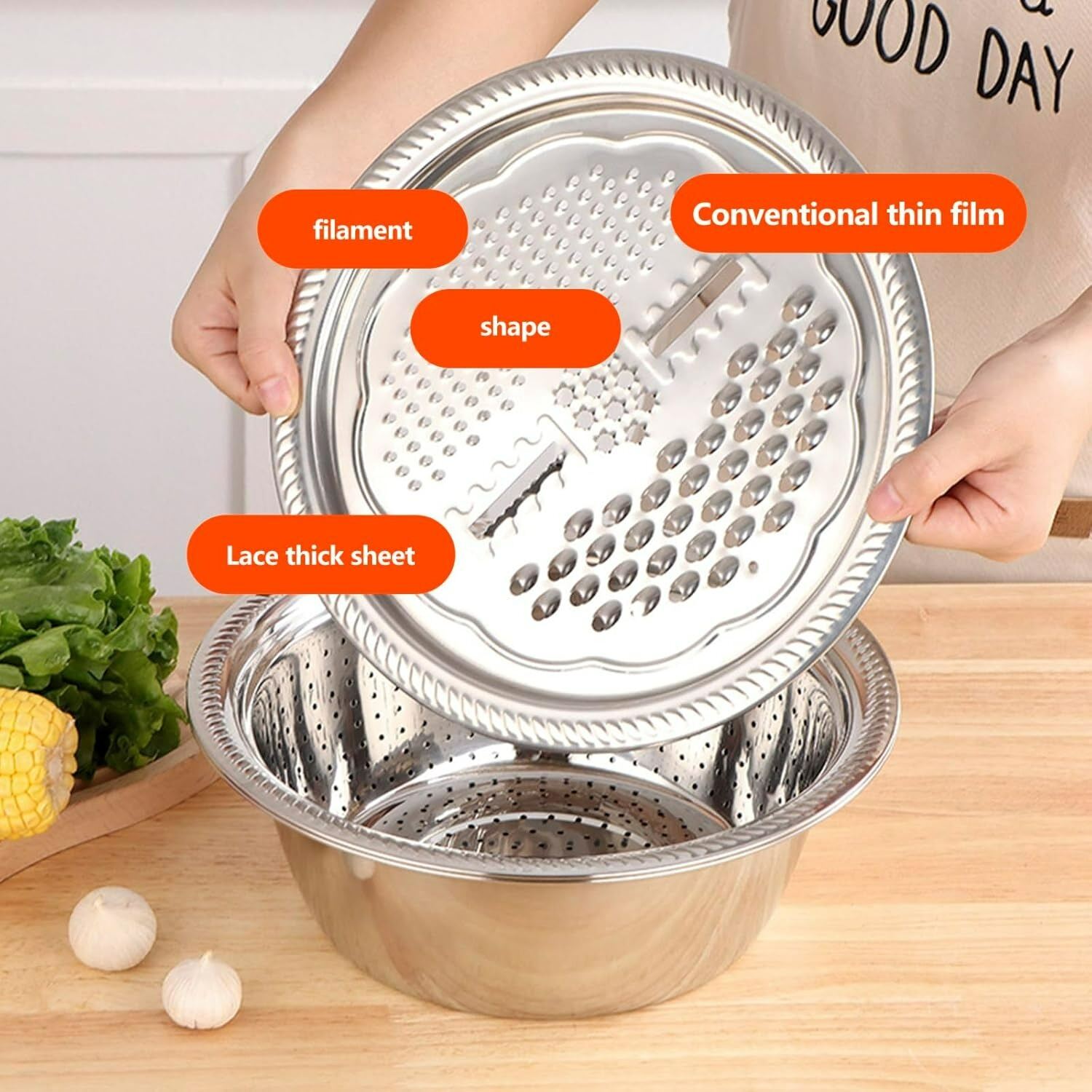 Picture of 3 in 1 Stainless Steel Kitchen Basin Set with Vegetable Slicer and Drain Basket – Multifunction Food Washing, Cutting & Draining Bowl for Kitchen Use Multicolor