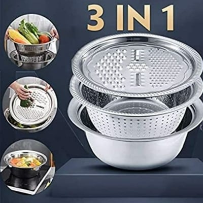Picture of 3 in 1 Stainless Steel Kitchen Basin Set with Vegetable Slicer and Drain Basket – Multifunction Food Washing, Cutting & Draining Bowl for Kitchen Use Multicolor