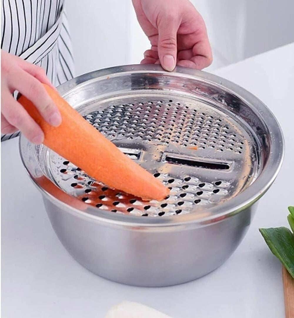 Picture of 3 in 1 Stainless Steel Kitchen Basin Set with Vegetable Slicer and Drain Basket – Multifunction Food Washing, Cutting & Draining Bowl for Kitchen Use Multicolor
