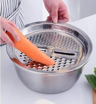 Picture of 3 in 1 Stainless Steel Kitchen Basin Set with Vegetable Slicer and Drain Basket – Multifunction Food Washing, Cutting & Draining Bowl for Kitchen Use Multicolor
