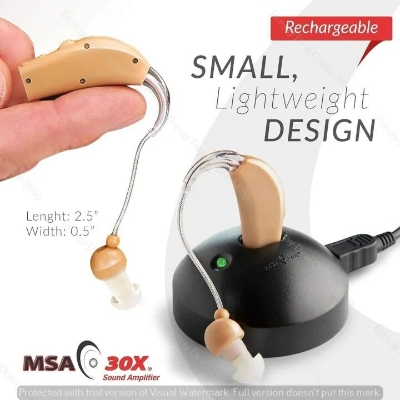 Picture of Ultra Rechargeable Sound Amplifier BTE System – 30X Sound Amplification Hearing Aid with Charging Station, Adjustable Volume and Comfortable Ear Hook Design Brown