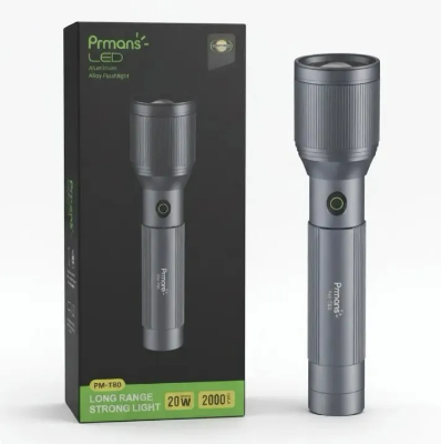 Picture of Prmans PM-T80 LED Aluminum Alloy Flashlight – 20W High Power Rechargeable Torch Light with 2000mAh Battery for Outdoor, Camping, Emergency & Security Use Black