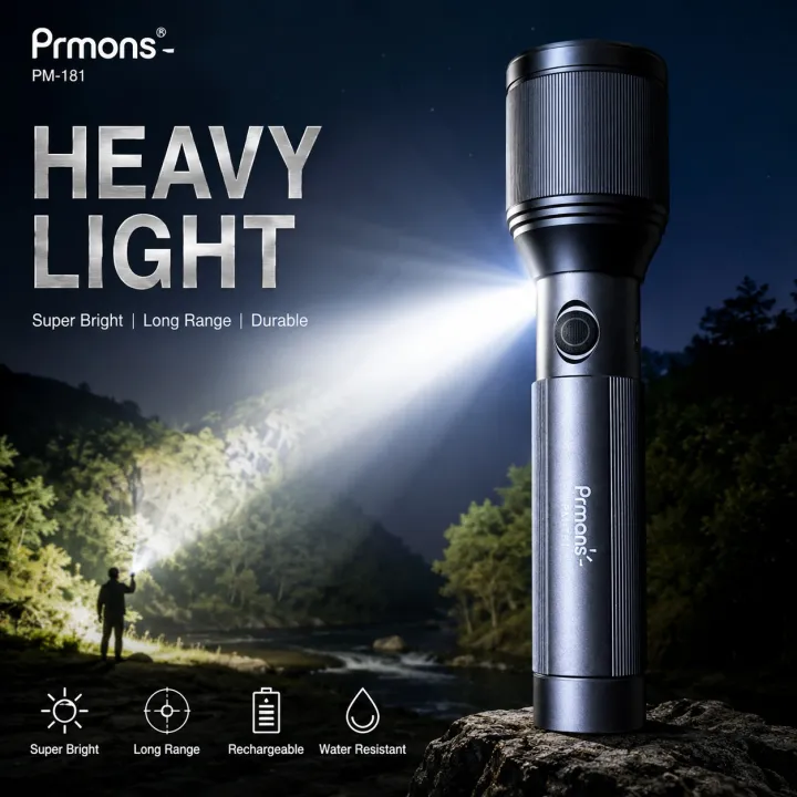 Picture of Prmans PM-T80 LED Aluminum Alloy Flashlight – 20W High Power Rechargeable Torch Light with 2000mAh Battery for Outdoor, Camping, Emergency & Security Use Black