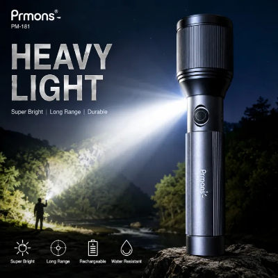 Picture of Prmans PM-T80 LED Aluminum Alloy Flashlight – 20W High Power Rechargeable Torch Light with 2000mAh Battery for Outdoor, Camping, Emergency & Security Use Black