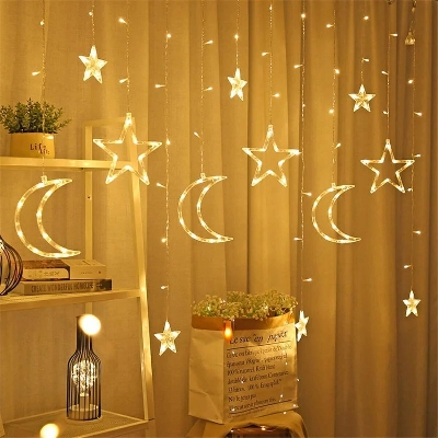 Picture of 3.5M Moon Star Curtain LED Fairy Lights – 220V 8 Modes Decorative Curtain String Lights for Bedroom, Wedding, Christmas, Party, Holiday & Home Decoration Gold