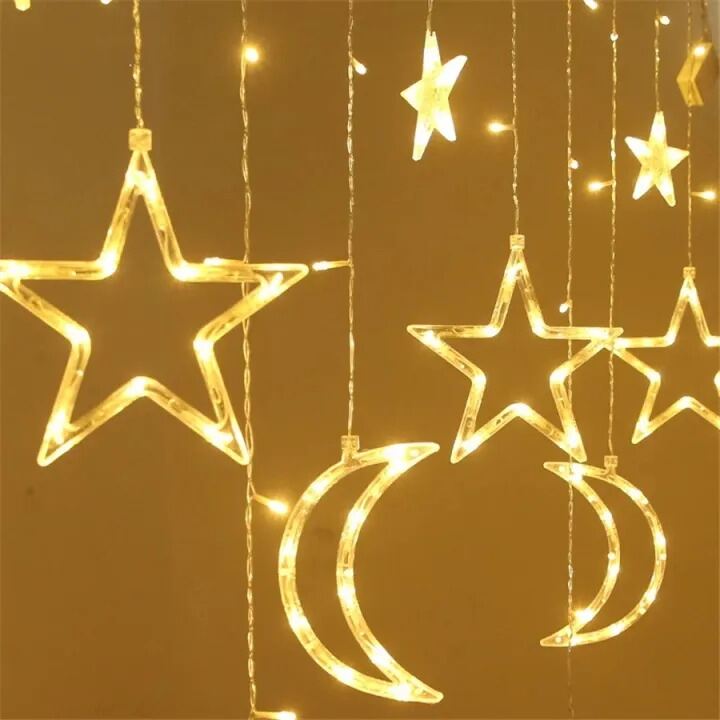 Picture of 3.5M Moon Star Curtain LED Fairy Lights – 220V 8 Modes Decorative Curtain String Lights for Bedroom, Wedding, Christmas, Party, Holiday & Home Decoration Gold