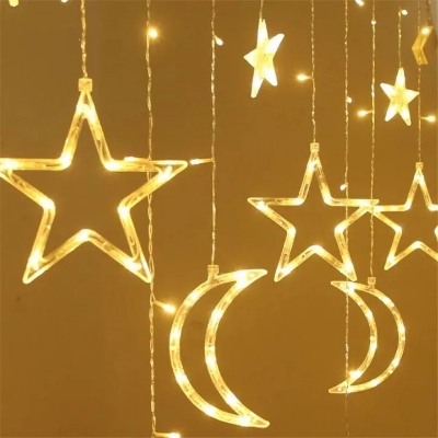 Picture of 3.5M Moon Star Curtain LED Fairy Lights – 220V 8 Modes Decorative Curtain String Lights for Bedroom, Wedding, Christmas, Party, Holiday & Home Decoration Gold