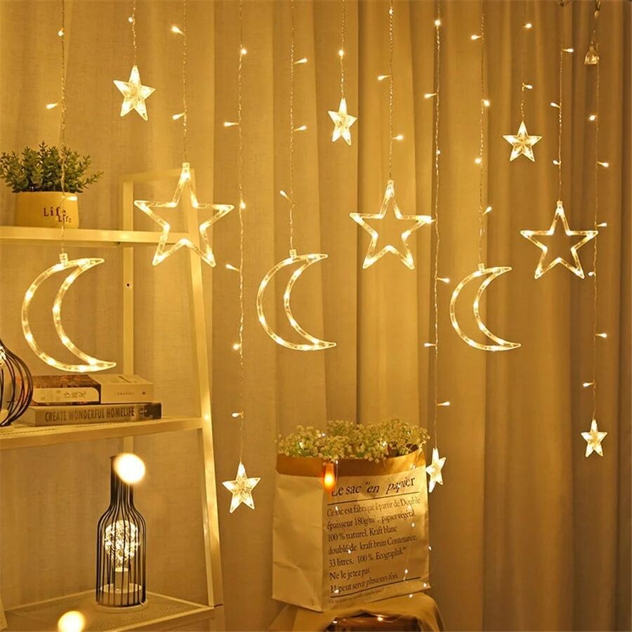 Picture of 3.5M Moon Star Curtain LED Fairy Lights – 220V 8 Modes Decorative Curtain String Lights for Bedroom, Wedding, Christmas, Party, Holiday & Home Decoration Gold