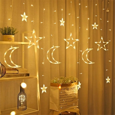 Picture of 3.5M Moon Star Curtain LED Fairy Lights – 220V 8 Modes Decorative Curtain String Lights for Bedroom, Wedding, Christmas, Party, Holiday & Home Decoration Gold