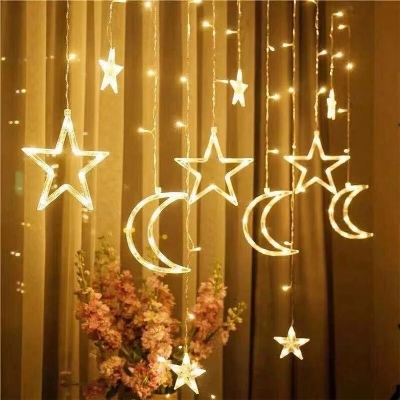 Picture of 3.5M Moon Star Curtain LED Fairy Lights – 220V 8 Modes Decorative Curtain String Lights for Bedroom, Wedding, Christmas, Party, Holiday & Home Decoration Gold