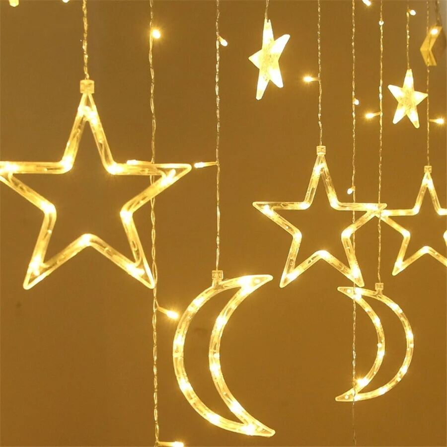 Picture of 3.5M Moon Star Curtain LED Fairy Lights – 220V 8 Modes Decorative Curtain String Lights for Bedroom, Wedding, Christmas, Party, Holiday & Home Decoration Gold