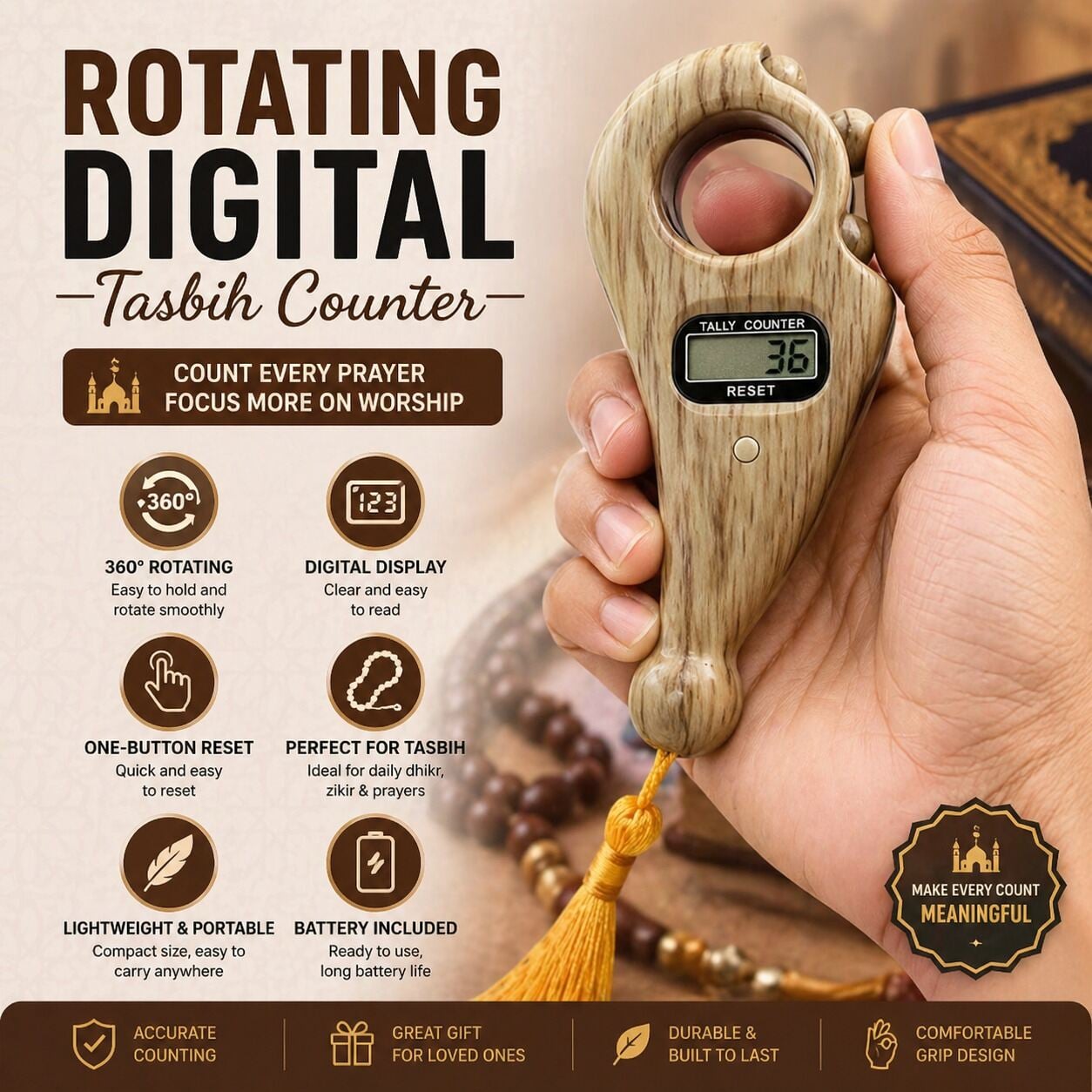 Picture of Rotating Digital Tasbih Counter Finger Ring – Portable Electronic Zikr Counter Misbaha Prayer Beads Counter for Muslim Prayer Hajj Umrah Eid Gift 