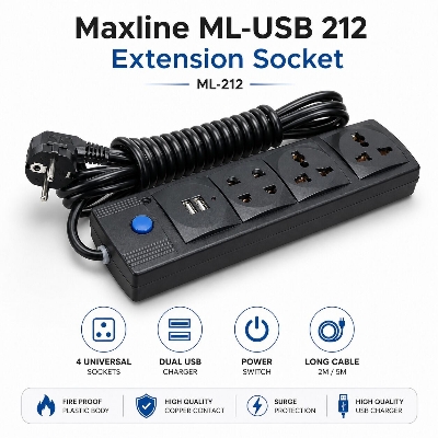 Picture of Maxline ML-USB 212 Extension Socket with 2 USB Ports and 4 Power Sockets – Multi Plug Mobile Charger Extension Board for Home Office Shop Use Black