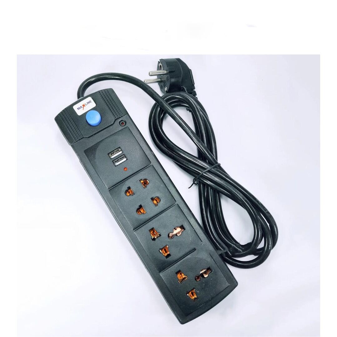 Picture of Maxline ML-USB 212 Extension Socket with 2 USB Ports and 4 Power Sockets – Multi Plug Mobile Charger Extension Board for Home Office Shop Use Black
