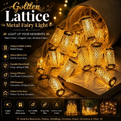 Picture of 20 Pcs Golden Lattice Metal String Fairy Light Bulbs – 12-15 Feet LED Decorative Lantern String Lights for Home Room Wedding Party Decoration Gold