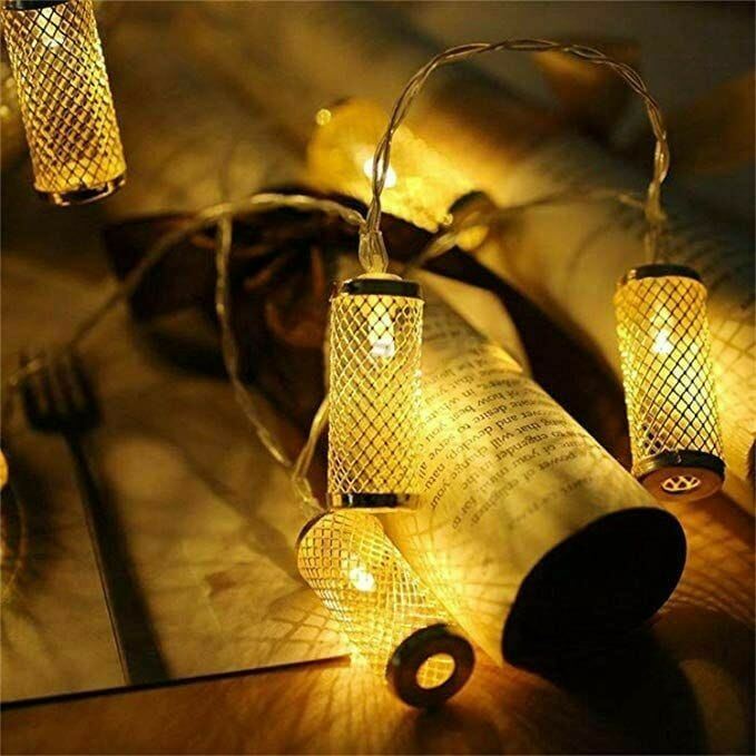 Picture of 20 Pcs Golden Lattice Metal String Fairy Light Bulbs – 12-15 Feet LED Decorative Lantern String Lights for Home Room Wedding Party Decoration Gold