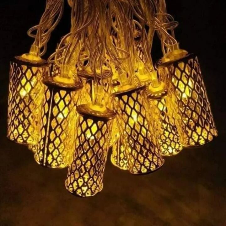 Picture of 20 Pcs Golden Lattice Metal String Fairy Light Bulbs – 12-15 Feet LED Decorative Lantern String Lights for Home Room Wedding Party Decoration Gold