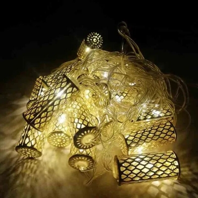 Picture of 20 Pcs Golden Lattice Metal String Fairy Light Bulbs – 12-15 Feet LED Decorative Lantern String Lights for Home Room Wedding Party Decoration Gold