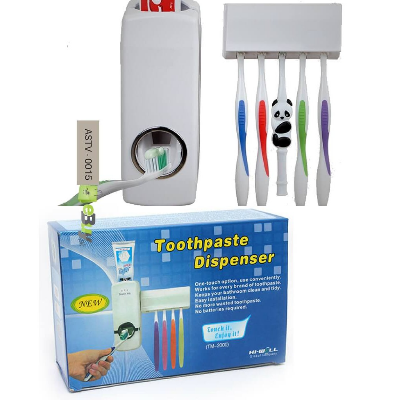 Picture of Automatic Toothpaste Dispenser with Wall-Mounted Toothbrush Holder | Hands-Free Bathroom Organizer Multicolor