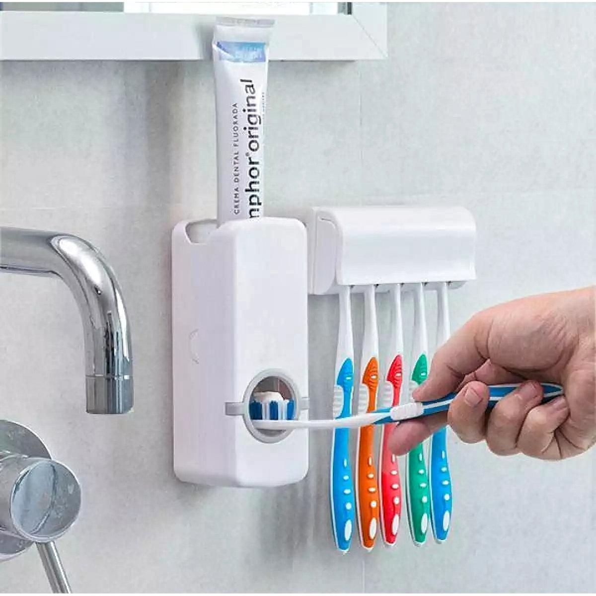 Picture of Automatic Toothpaste Dispenser with Wall-Mounted Toothbrush Holder | Hands-Free Bathroom Organizer Multicolor