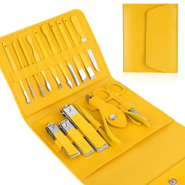 Picture of 16 PCS Stainless Steel Portable Nail Clipper Set | Professional Manicure & Pedicure Kit with Leather Case Multicolor