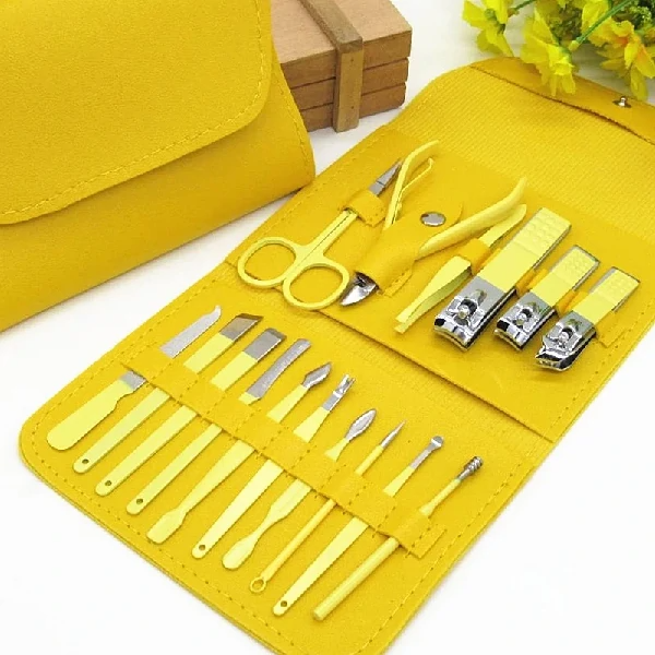 Picture of 16 PCS Stainless Steel Portable Nail Clipper Set | Professional Manicure & Pedicure Kit with Leather Case Multicolor