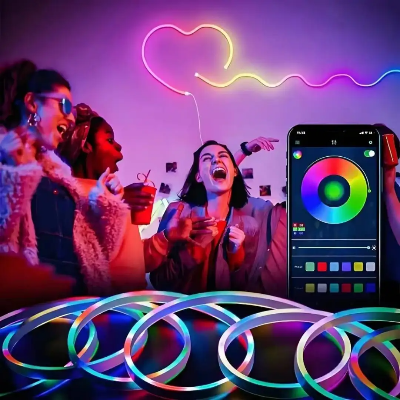 Picture of 5M RGBIC Neon LED Strip Light USB 5V Waterproof Flexible Neon Rope Light Bluetooth APP Remote Control Dream Color LED Strip Gaming Room TV Bedroom Home Decor Multicolor