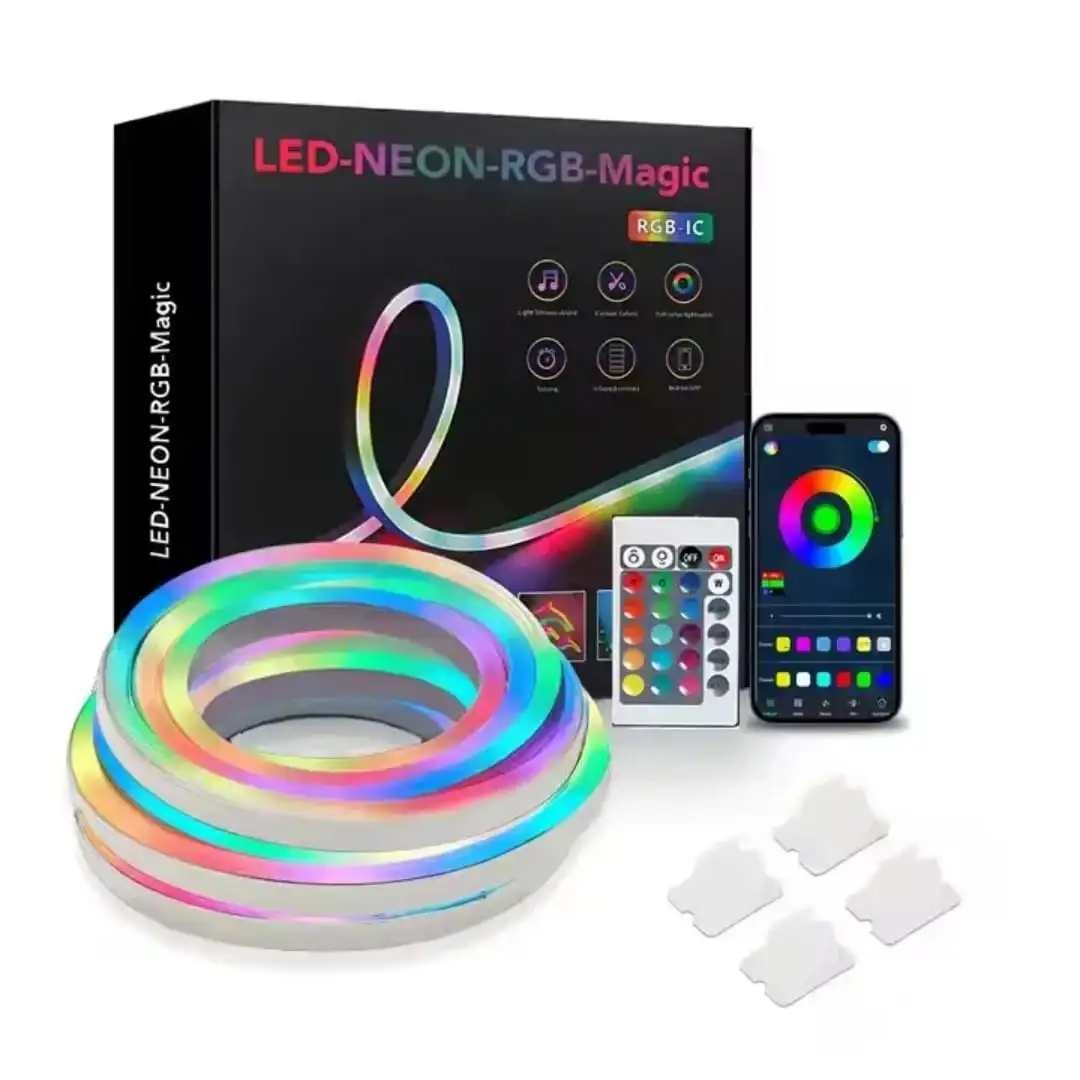 Picture of 5 Meter/16 Feet Heavy Duty RGBIC Neon LED Strip Light with Bluetooth App & Remote Control - Premium 5V USB Waterproof Flexible Ribbon for Room Decoration RGB