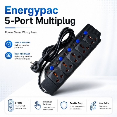 Picture of Energypac 5-Port Multiplug Extension Board with 7FT Cable – Victor & Volex Universal 3-Pin Socket, Individual Switches, Power Indicator, 2500W Heavy Duty Power Strip for Home Office Shop Use Black