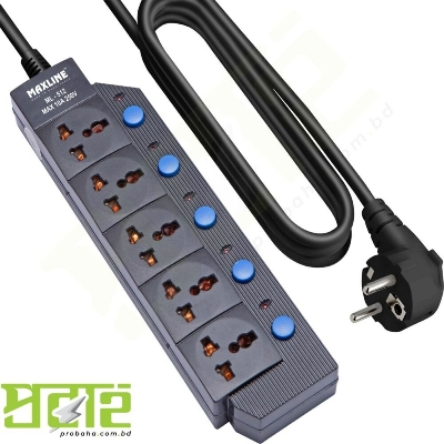 Picture of Energypac 5-Port Multiplug Extension Board with 7FT Cable – Victor & Volex Universal 3-Pin Socket, Individual Switches, Power Indicator, 2500W Heavy Duty Power Strip for Home Office Shop Use Black
