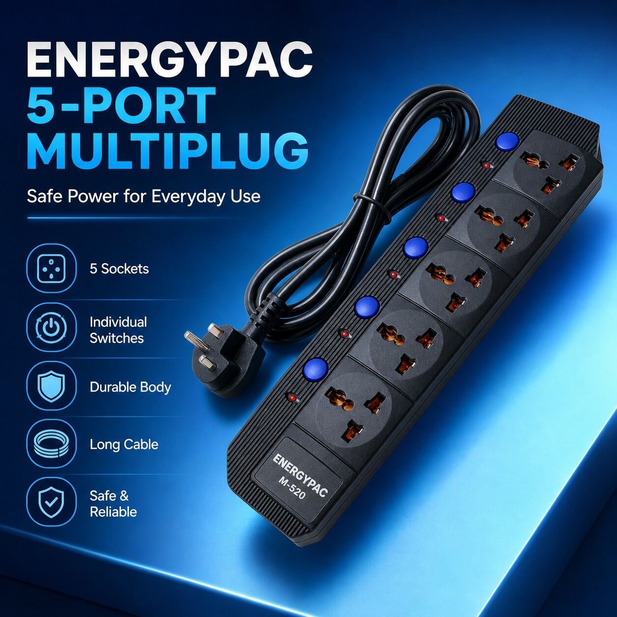Picture of Energypac 5-Port Multiplug Extension Board with 7FT Cable – Victor & Volex Universal 3-Pin Socket, Individual Switches, Power Indicator, 2500W Heavy Duty Power Strip for Home Office Shop Use Black