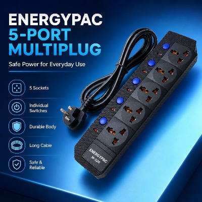 Picture of Energypac 5-Port Multiplug Extension Board with 7FT Cable – Victor & Volex Universal 3-Pin Socket, Individual Switches, Power Indicator, 2500W Heavy Duty Power Strip for Home Office Shop Use Black