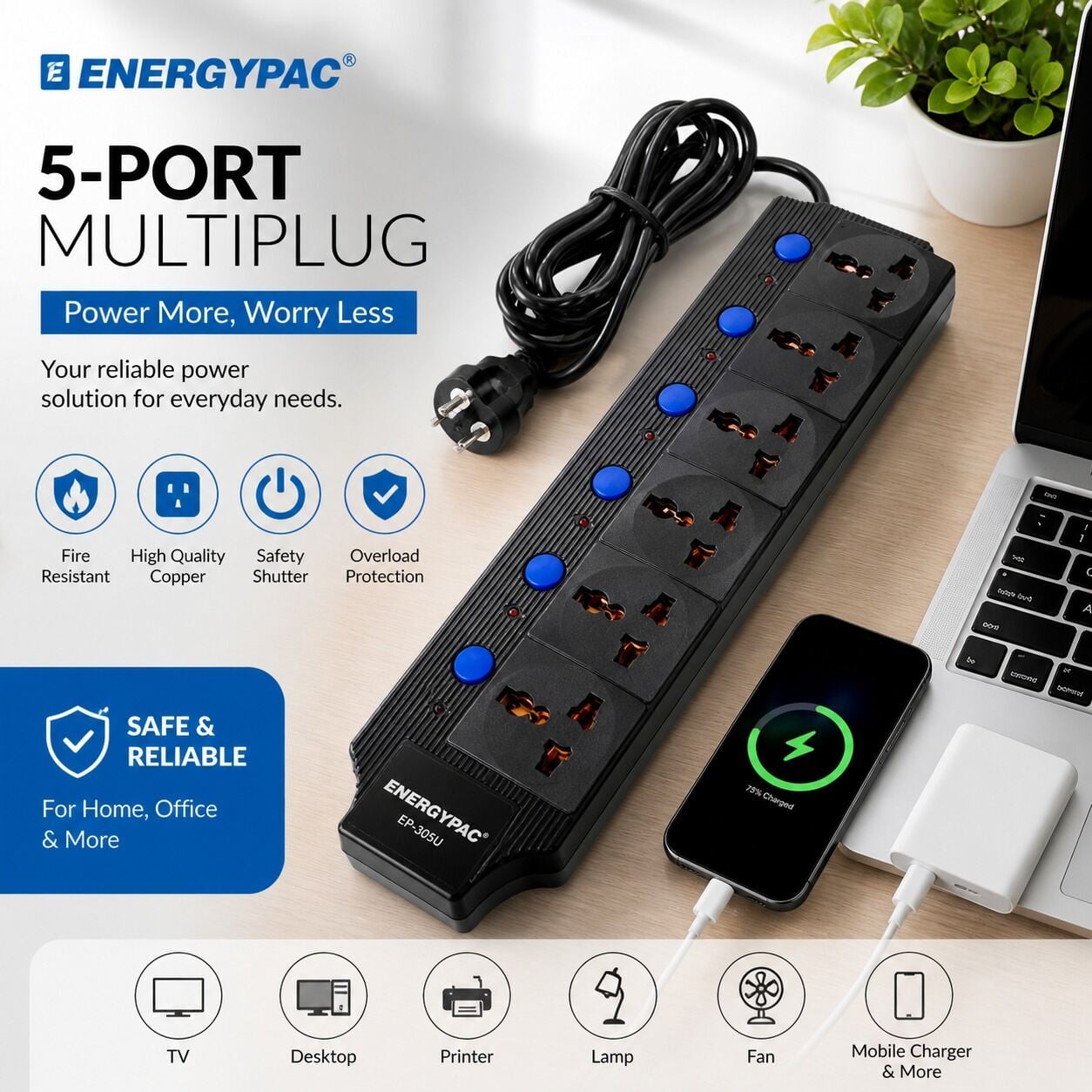 Picture of Energypac 5-Port Multiplug Extension Board with 7FT Cable – Victor & Volex Universal 3-Pin Socket, Individual Switches, Power Indicator, 2500W Heavy Duty Power Strip for Home Office Shop Use Black