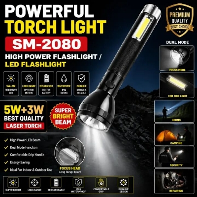 Picture of Powerful Torch Light SM-2080 High Power LED Flashlight – Rechargeable Waterproof 1000M Long Range Zoomable Torch with Digital Display for Camping Hiking Emergency Outdoor Use Black