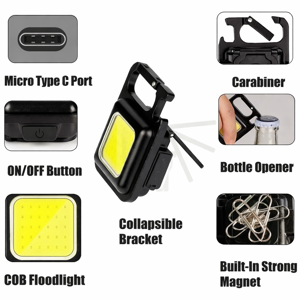 Picture of COB Rechargeable Keychain Light | Mini LED Flashlight with Magnet, Bottle Opener & Carabiner Clip Black