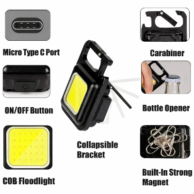 Picture of COB Rechargeable Keychain Light | Mini LED Flashlight with Magnet, Bottle Opener & Carabiner Clip Black